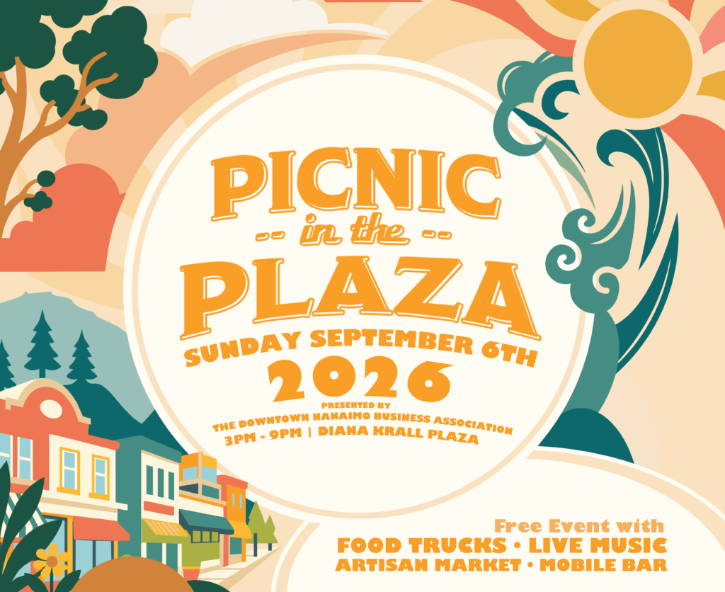 Colorful retro-style poster advertising a Picnic in the Plaza event with bold orange text, decorative swirls, and cityscape art.